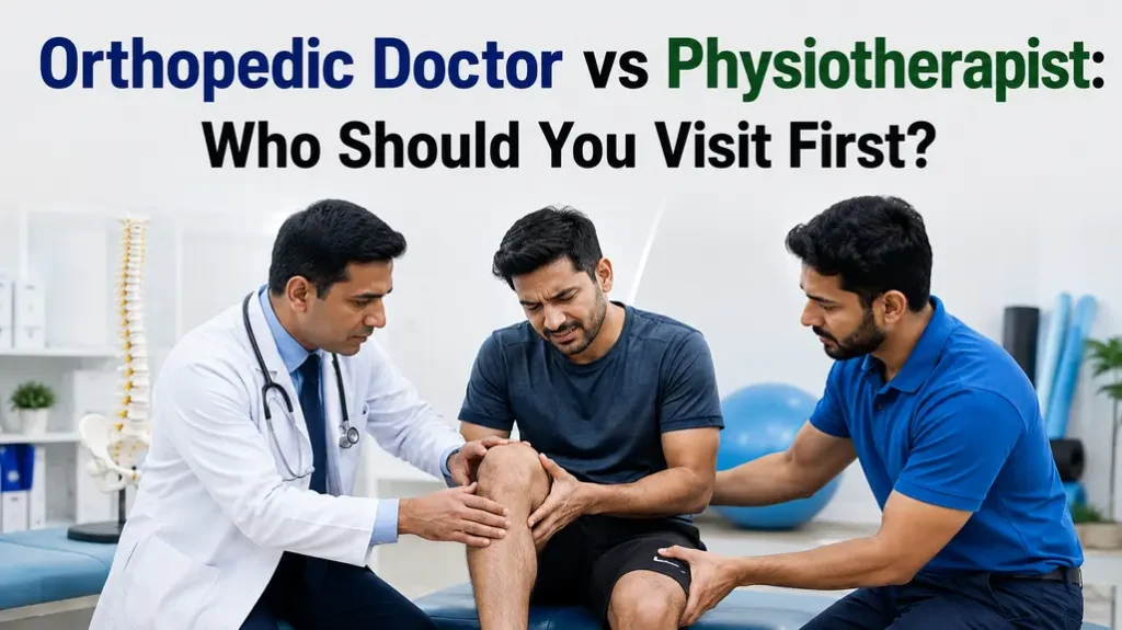 Orthopedic doctor and physiotherapist examining a patient with knee pain