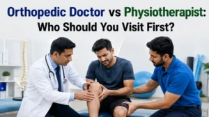 Orthopedic doctor and physiotherapist examining a patient with knee pain